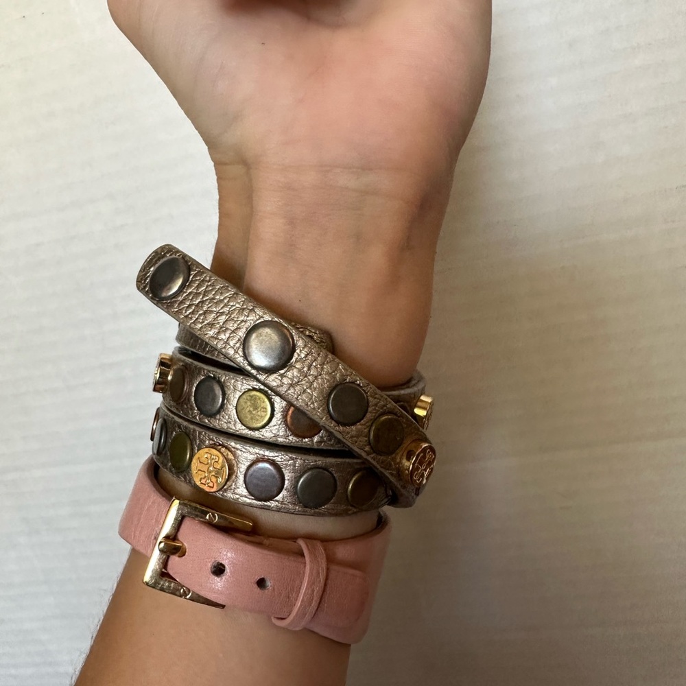 6 Tory Burch Leather Wrap Bracelet Stud Red Green Silver Black Gold Pink Set of6 - Picture 9 of 10